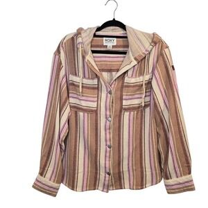 Roxy Sunlight Rider Hooded Shirt‎ Jacket Women's XS Brown Pink Stripe Beach Boho